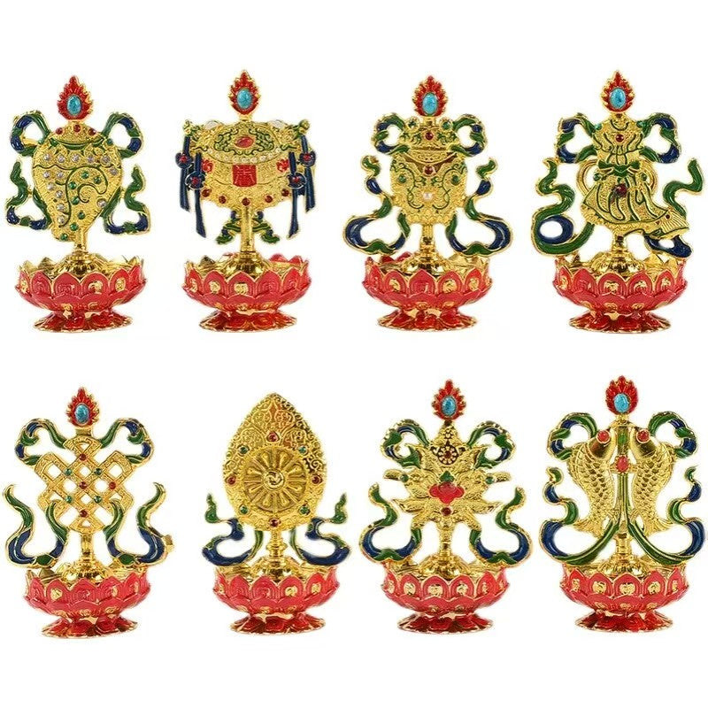 Buddhist sacrificial items art: Sacred Himalayan Eight Lucky Emblems wall hanging crafted under Tibetan Buddhist sacrificial implements culture, designed to bring fortune and harmony to any space.