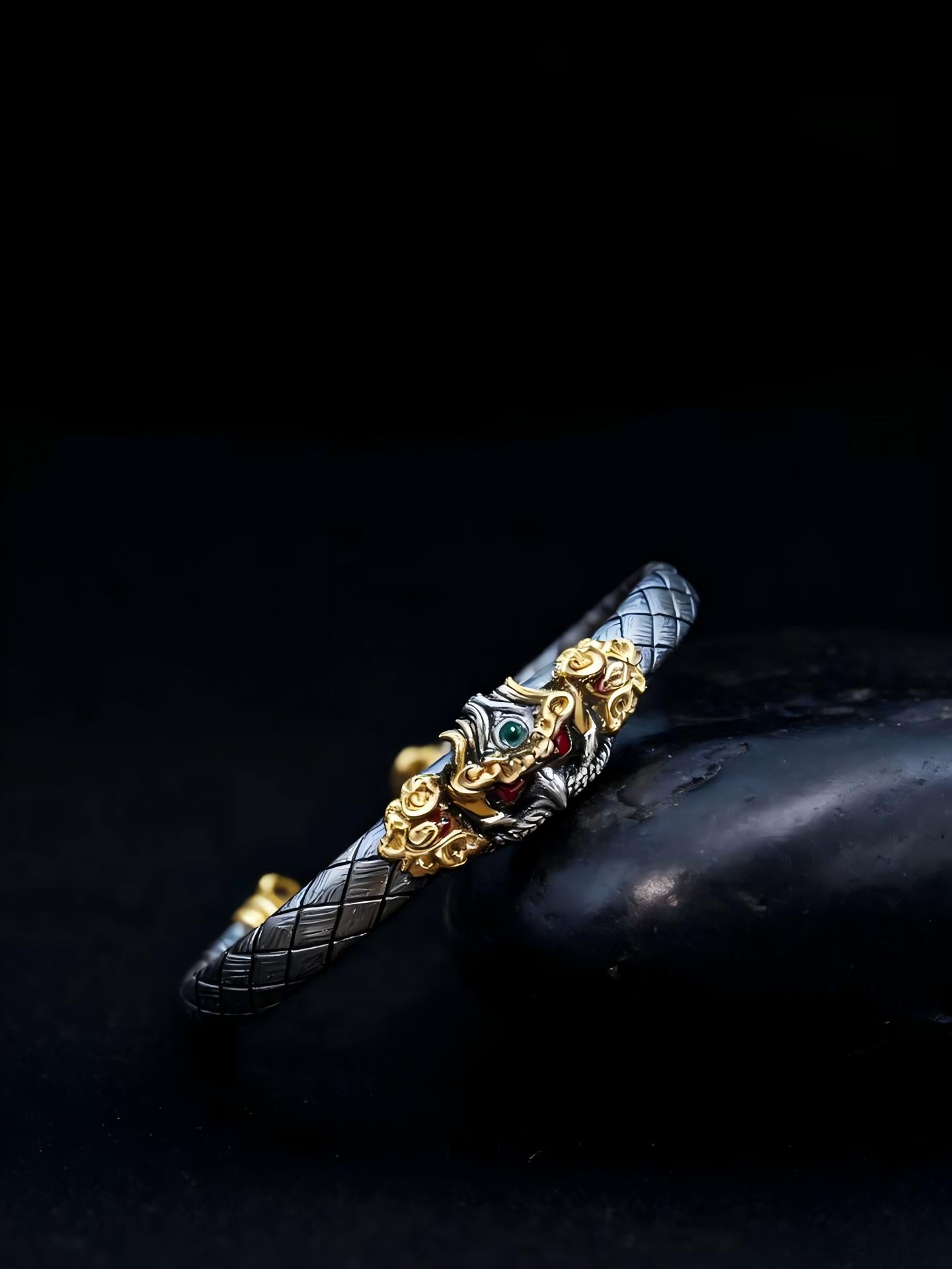 Vintage style Tibetan gold amulet bangle inspired by Buddhist sacrificial items art, perfect for meditation practitioners seeking an authentic spiritual accessory.