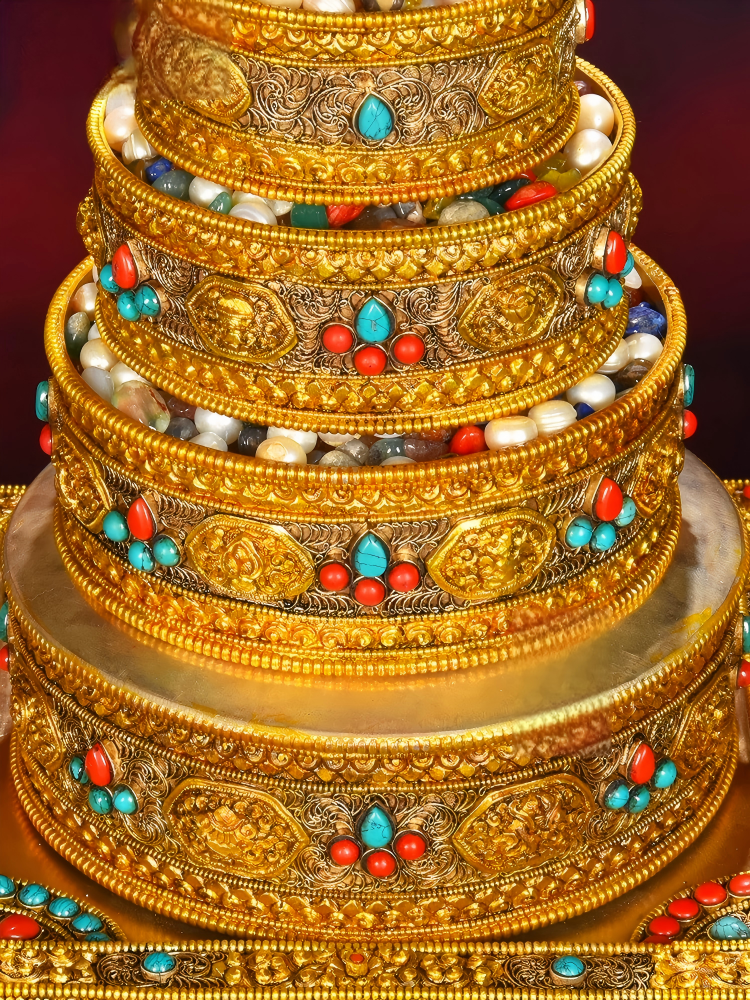 Traditional cloisonné gilded copper Mandala tray, Tibetan Buddhist sacrificial item suitable for sacred altars, meditation rooms, or spiritual decor.