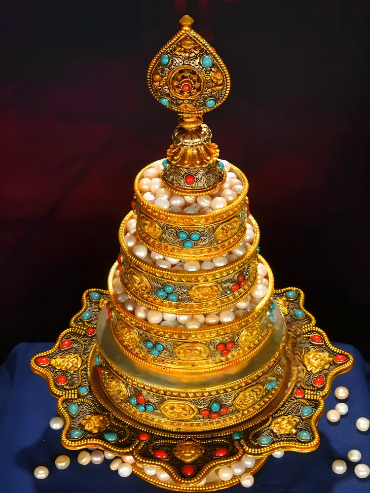 Cloisonné gilded copper Mandala tray, handcrafted Tibetan Buddhist sacrificial implement used for offerings and spiritual practice.