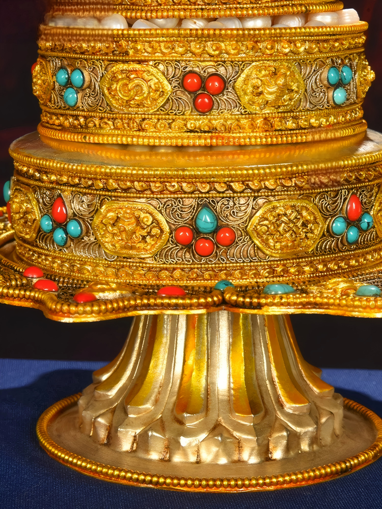 Cloisonné gilded copper Mandala tray used in Tibetan Buddhist rituals, a handcrafted sacrificial implement for spiritual offerings.