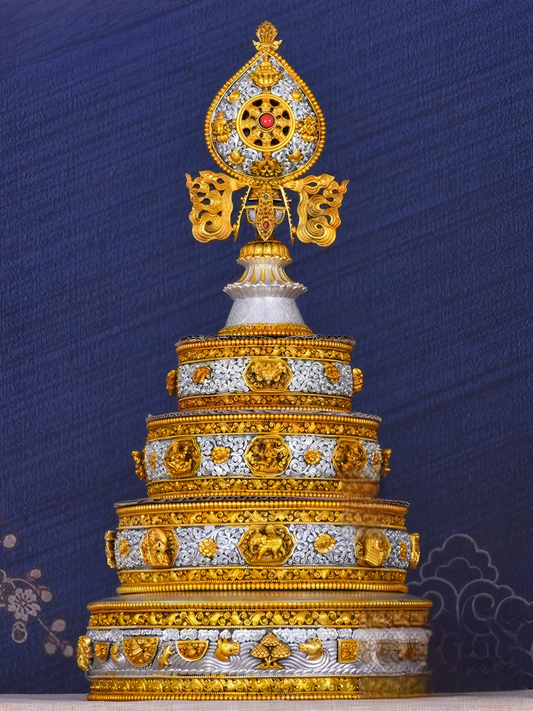 Handcrafted Nepalese copper Mandala tray with gilded gold and inlaid gemstones, Tibetan Buddhist sacrificial implement for rituals and offerings.