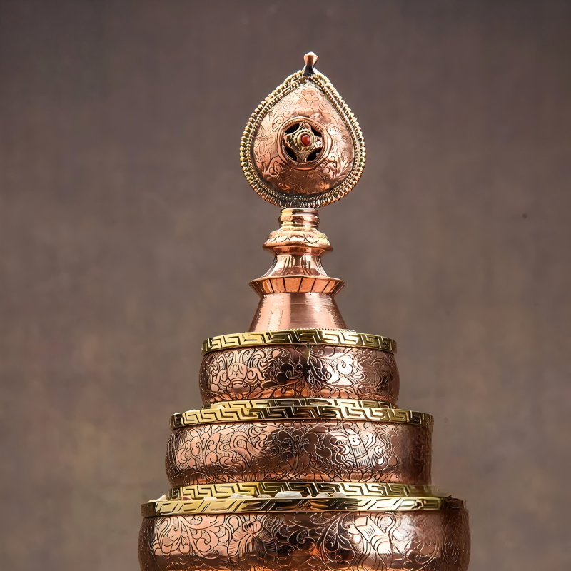 Handmade Nepal copper Mandala tray with detailed engraving, traditional Tibetan Buddhist sacrificial item for ceremonial and spiritual use.