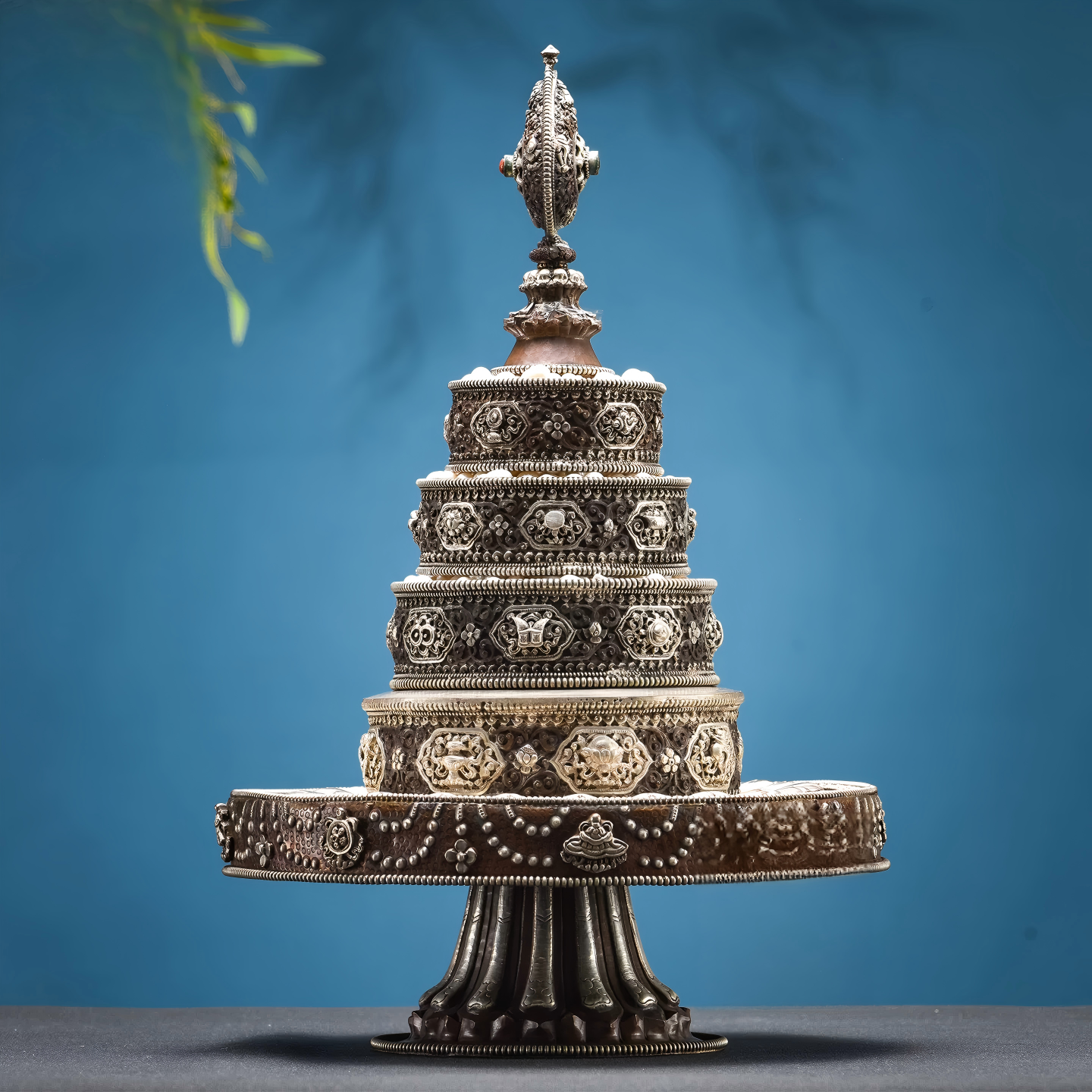 Handmade Nepal copper Mandala tray with silver gilding, traditional Tibetan Buddhist sacrificial item ideal for meditation and ritual ceremonies.