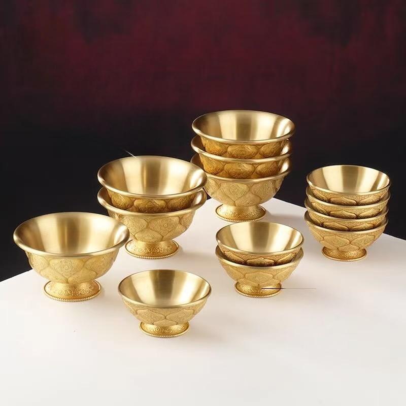 Handcrafted pure copper Ashtamangala water offering set from the Tibetan Buddhist sacrificial implements culture, ideal as a premium Buddhist sacrificial items art for merit accumulation.