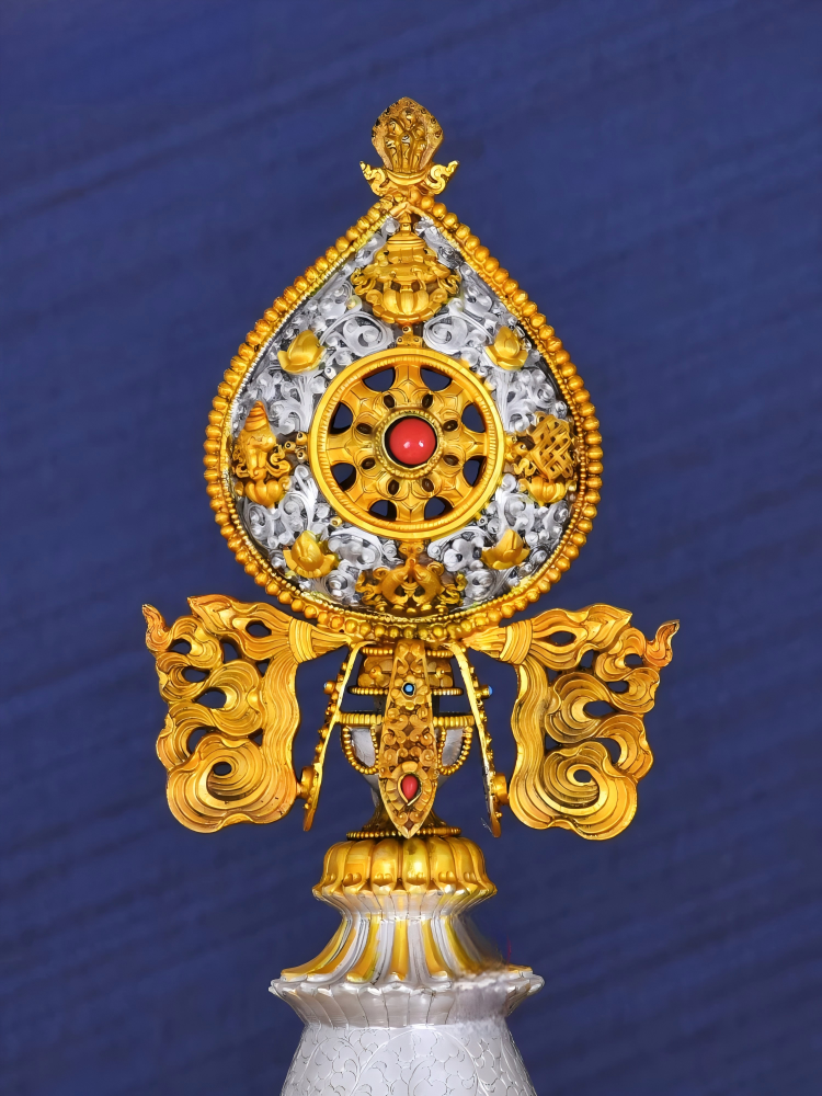 Handmade Nepal Mandala copper tray, gilded and gemstone inlaid, used in Tibetan Buddhist rituals as a sacred sacrificial implement.