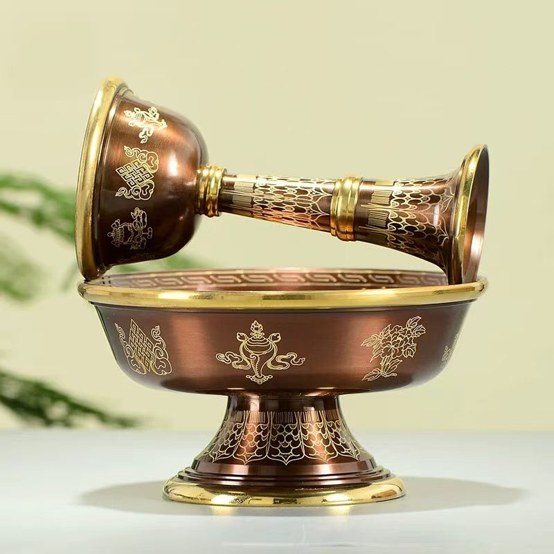 Buddhist sacrificial items art: Sacred Ashtamangala engraved copper altar vessels, designed to accumulate merit and purify karma through daily offerings.
