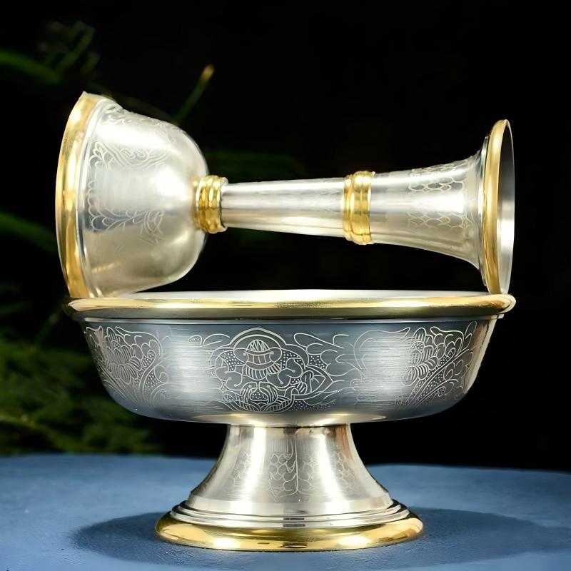 Buddhist sacrificial items art: An exquisite Nepal artisan Dharmapala cup with gold-plated details, perfect for creating a solemn and powerful altar presence.