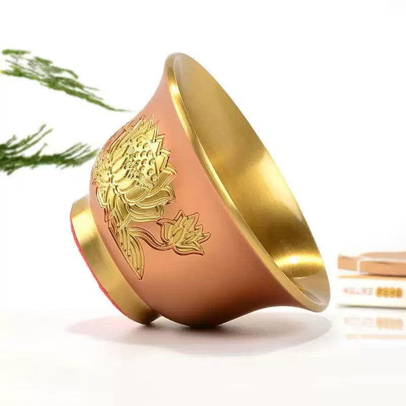 Tibetan Buddhist sacrificial implements culture: Traditional Tibetan brass lotus ritual vessels, blending sacred symbolism with elegant floral craftsmanship.