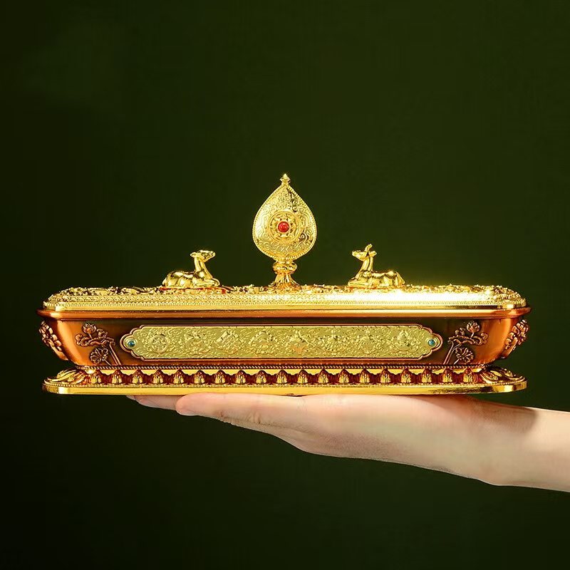 Buddhist sacrificial items art: Sacred Ashtamangala brass aroma burner with a snow lion lid, designed to purify space and attract auspicious energy during meditation.