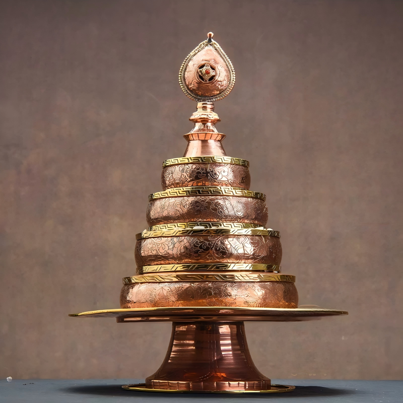 Nepalese engraved copper Mandala tray, handcrafted as a sacred Tibetan Buddhist sacrificial implement for offerings and meditation spaces.