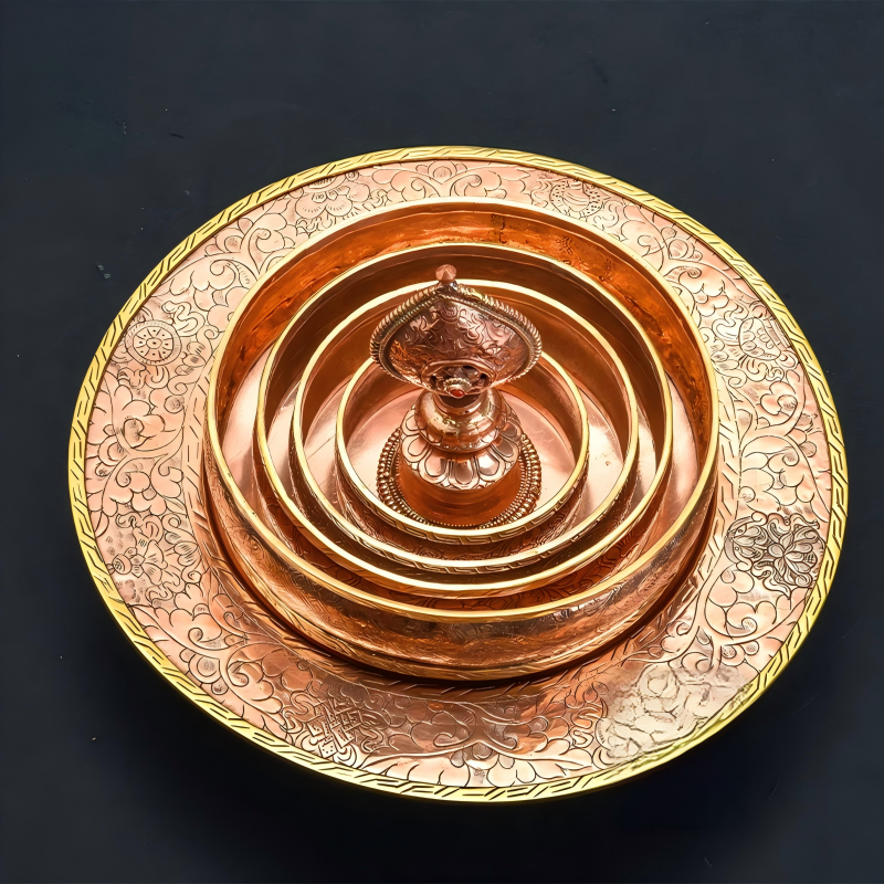 Engraved Nepalese copper Mandala tray, handcrafted Tibetan Buddhist sacrificial item, ideal for ritual ceremonies and spiritual decor.