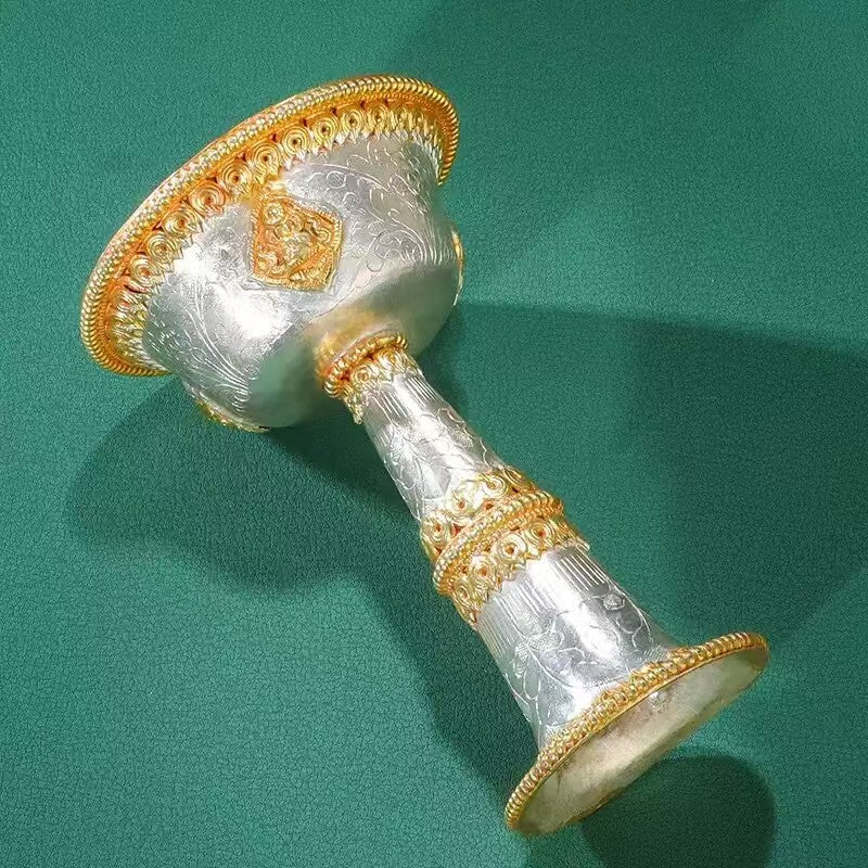 Buddhist sacrificial items art: An exquisite Nepal artisan gilded silver ritual cup, perfect for professional altar practitioners seeking authentic Tibetan Buddhist sacrificial implements culture tools. 