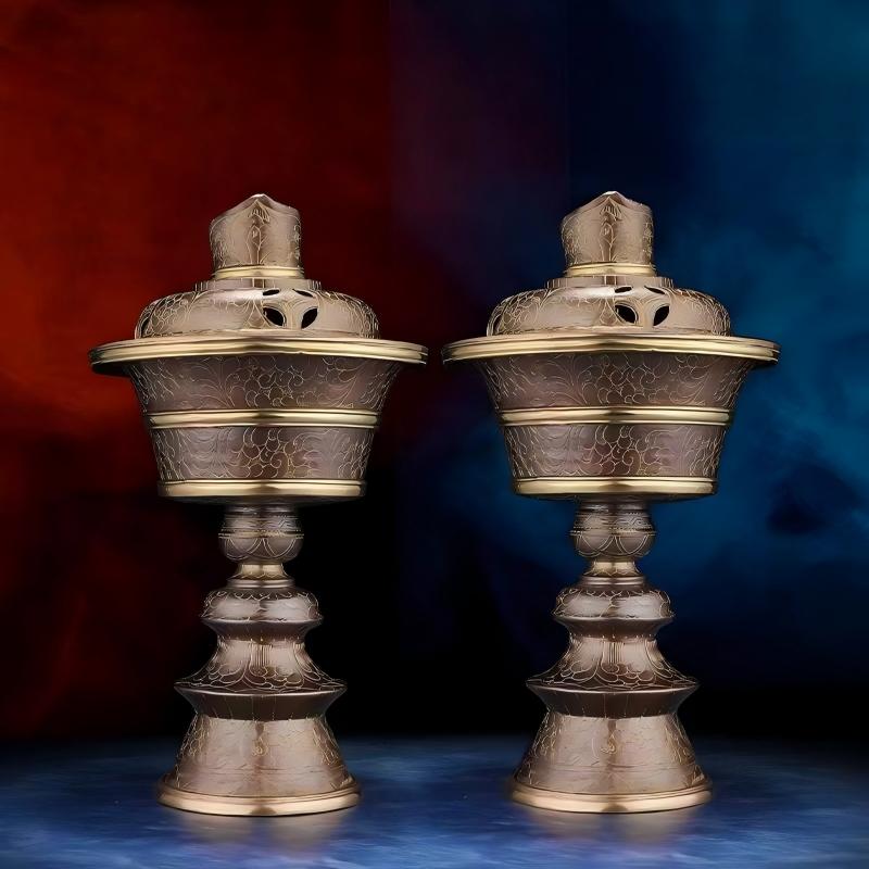 Vintage-style purple copper offering lamp handcrafted in Nepal, blending Buddhist sacrificial items art with sacred Himalayan traditions.
