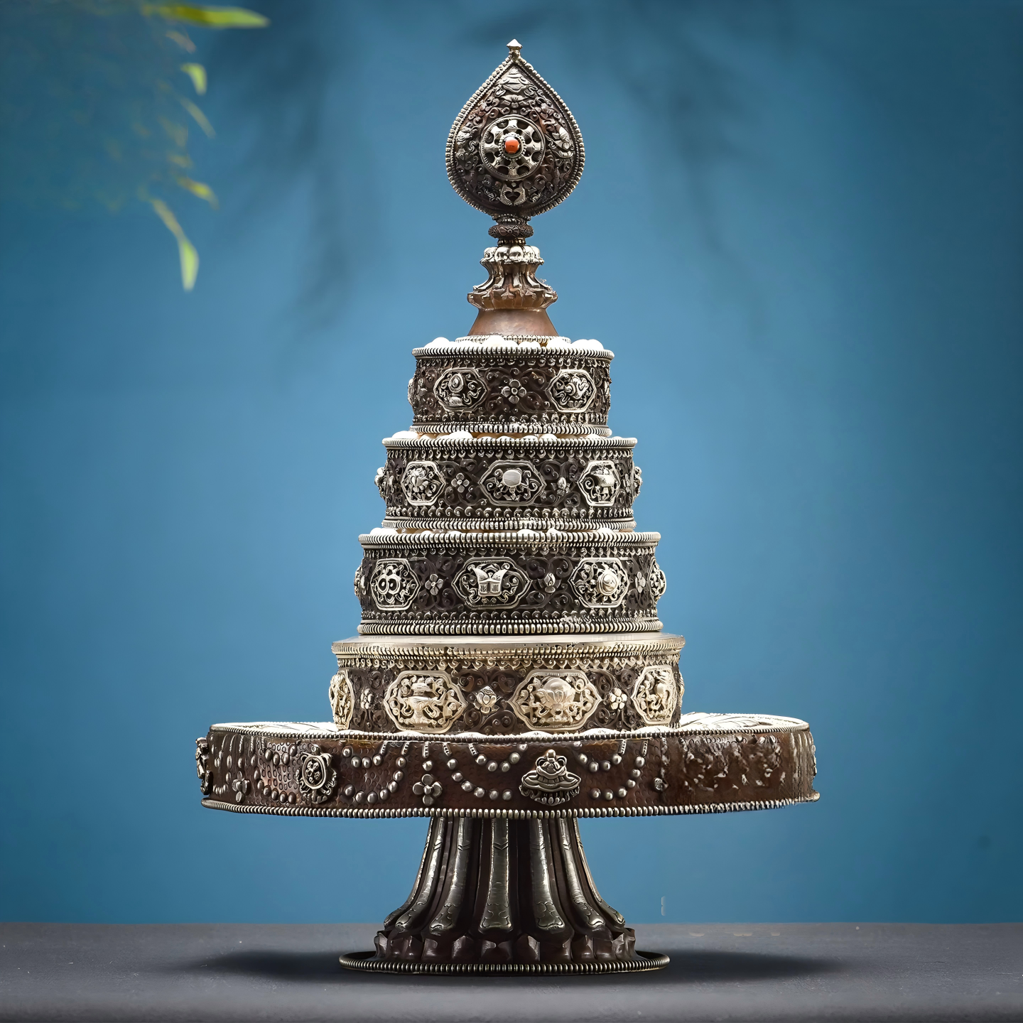 Nepalese handmade silver-gilded copper Mandala tray, sacred Tibetan Buddhist sacrificial implement for spiritual offerings and meditation spaces.