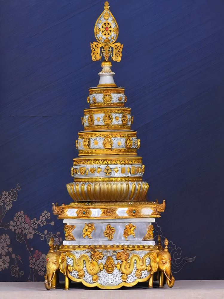 Nepalese handcrafted copper Mandala tray with gold gilding and gem inlays, a traditional Tibetan Buddhist sacrificial item for ritual offerings.