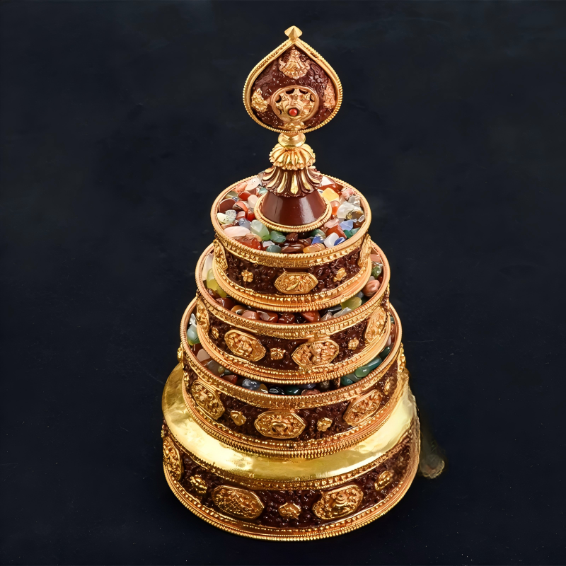 Nepalese handcrafted gilded copper Mandala tray, sacred Tibetan Buddhist sacrificial implement ideal for meditation and ritual offerings.