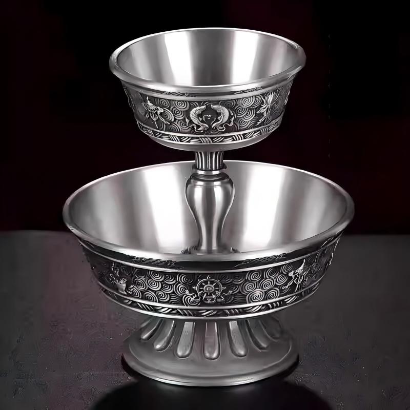 Buddhist sacrificial items art: An exquisite artisan pewter high-stemmed Dharmapala cup, perfect for adding a solemn and authentic touch to any meditation altar. 