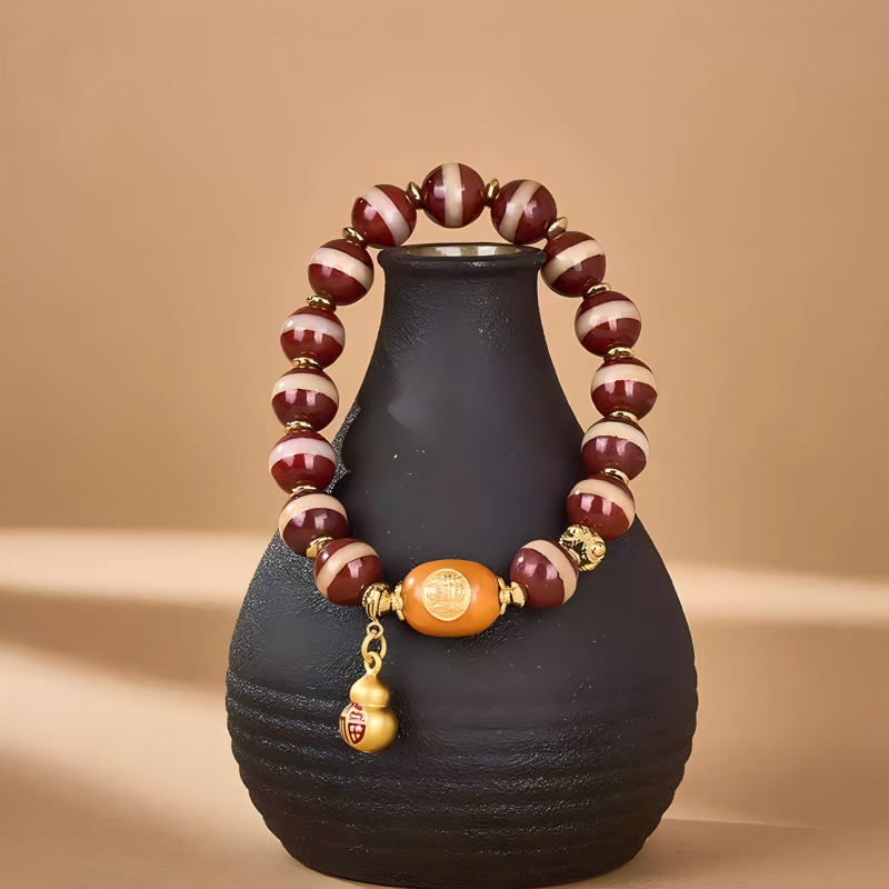  Tibetan Buddhist sacrificial implements culture red meat Medicine Buddha bead Dzi bracelet. Handcrafted from natural agate as a piece of Buddhist sacrificial items art.