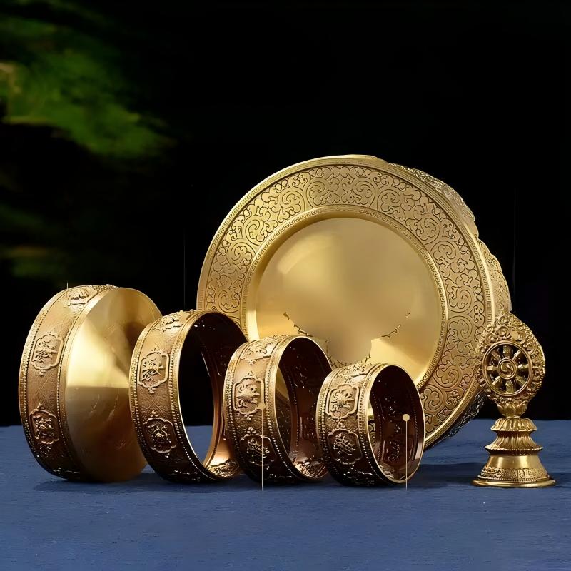 Buddhist sacrificial items art: An exquisite Nepal artisan copper mandala offering set, perfect for creating a solemn and powerful altar presence.