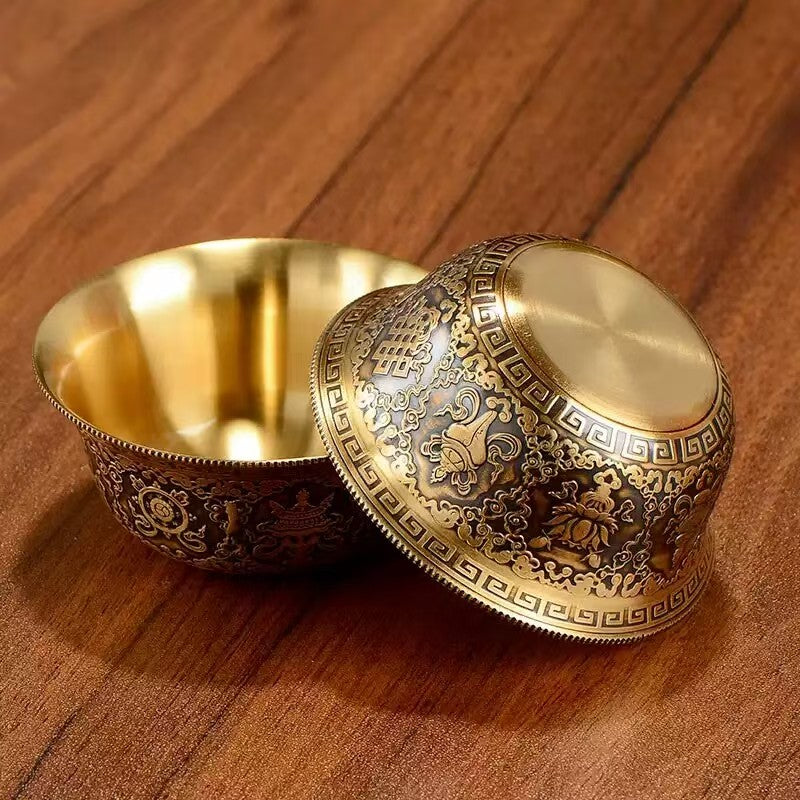 Buddhist sacrificial items art: An exquisite Nepal artisan brass water offering set, perfect for creating a serene and auspicious atmosphere on home altars.