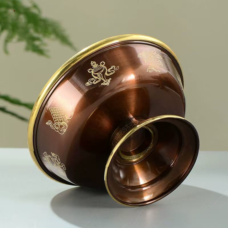 Tibetan Buddhist sacrificial implements culture: Traditional Tibetan pure copper ritual offering set, blending spiritual symbolism with high-quality polished metal.