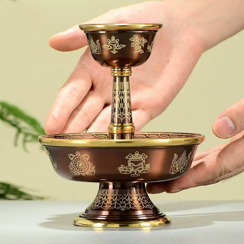 Buddhist sacrificial items art: An exquisite Nepal artisan copper water offering bowl set, perfect for creating an auspicious atmosphere on a meditation altar.