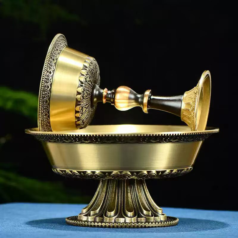 Tibetan Buddhist sacrificial implements culture: A high-quality pure copper Dharmapala offering cup, essential for daily ritual tea offerings on sacred altars.
