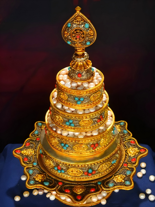 Traditional cloisonné gilded copper Mandala tray, Tibetan Buddhist sacrificial item ideal for sacred altars and spiritual decor.