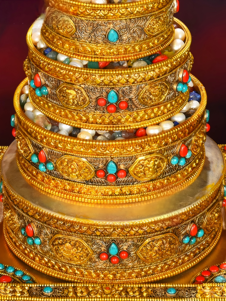 Traditional cloisonné gilded copper Mandala tray, Tibetan Buddhist sacrificial item suitable for sacred altars, meditation rooms, or spiritual decor.