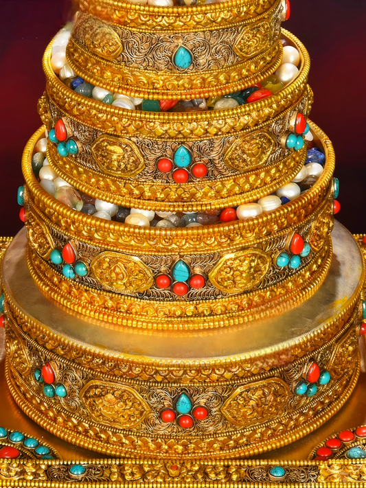 Traditional cloisonné gilded copper Mandala tray, Tibetan Buddhist sacrificial item suitable for sacred altars, meditation rooms, or spiritual decor.