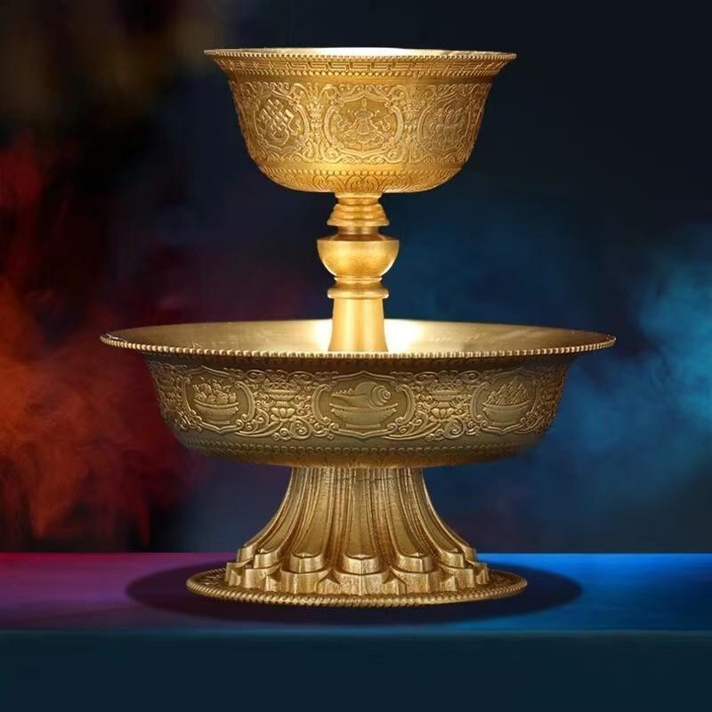  Authentic Jin-Sa style pure copper Buddhist sacrificial items art cup, showcasing the intricate handcrafted details of Tibetan Buddhist sacrificial implements culture.