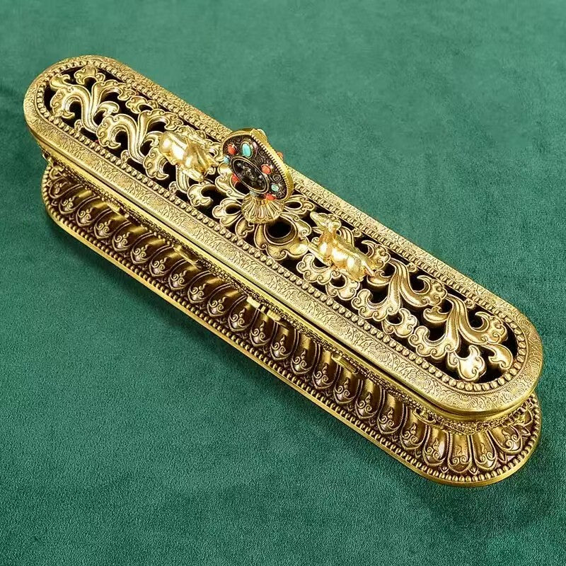 Buddhist sacrificial items art: Traditional painted copper censer from the Tibetan plateau, symbolizing the dispelling of obstacles through fragrant offerings.