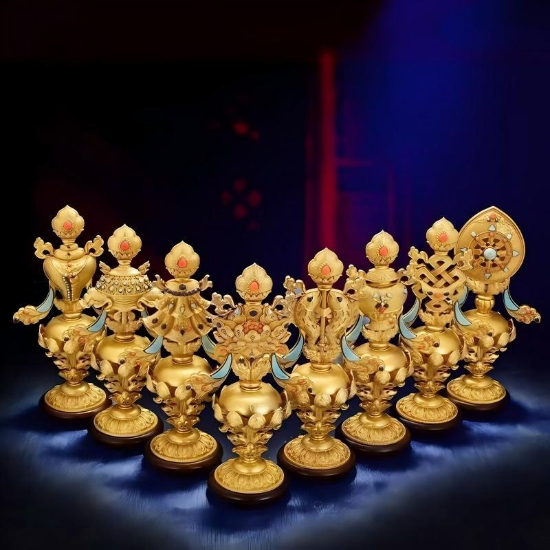 Traditional handcrafted pure copper Eight Auspicious Signs, a significant part of Tibetan Buddhist sacrificial implements culture used for bringing blessings and purifying sacred environments.