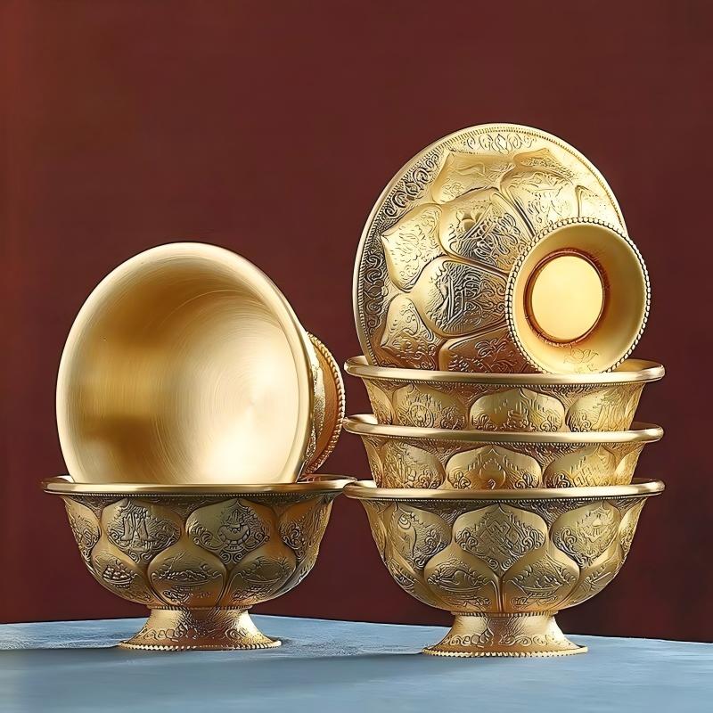  Traditional Eight Treasures copper bowls representing Buddhist sacrificial items art, showcasing the profound heritage of Tibetan Buddhist sacrificial implements culture for home altars.