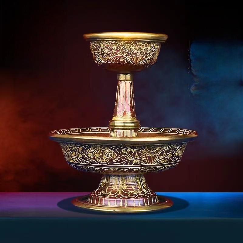  Traditional Nepal red copper Buddhist sacrificial items art cup for protector deity offerings, showcasing the intricate handcrafted gold-painted details of Tibetan Buddhist sacrificial implements culture.