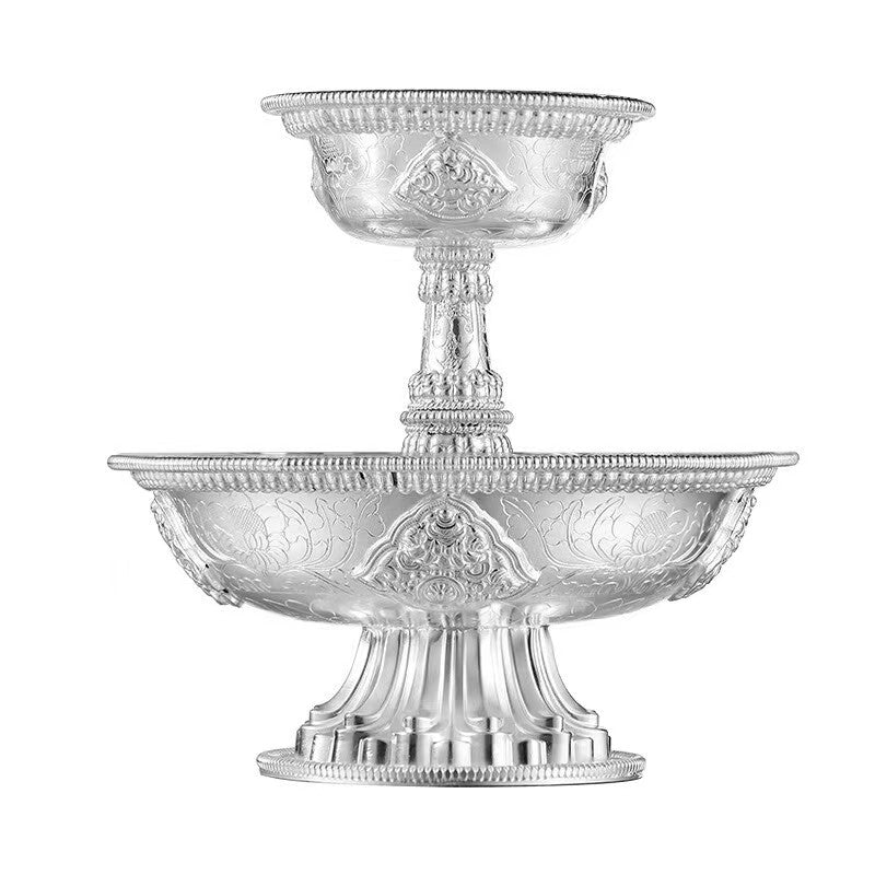  Premium pure silver cup with detailed floral engraving, a collectible piece of Buddhist sacrificial items art rooted in ancient Tibetan Buddhist sacrificial implements culture.