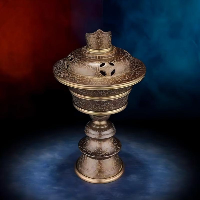  Exquisitely carved purple copper vessel for butter lamp offerings, highlighting the legacy of Tibetan Buddhist sacrificial implements culture.