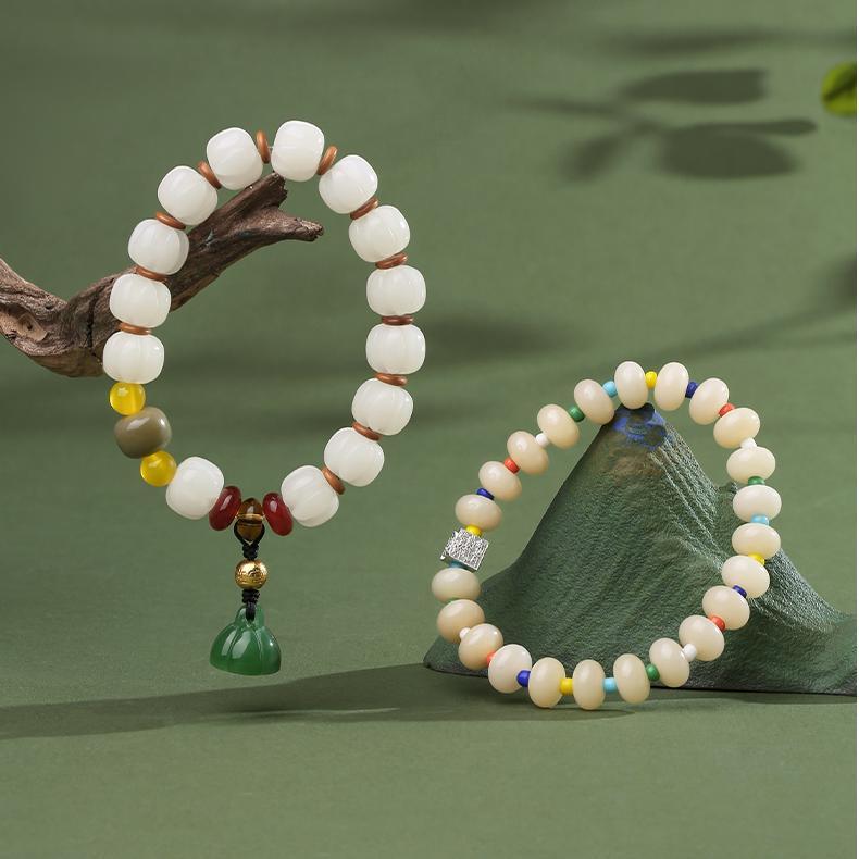 A powerful composition of the Qionggu Bodhi bracelet presented as a sacred object on an altar or with ritual items. This image emphasizes its role beyond jewelry art, portraying it as a tangible connection to Tibetan Buddhist spiritual practice.