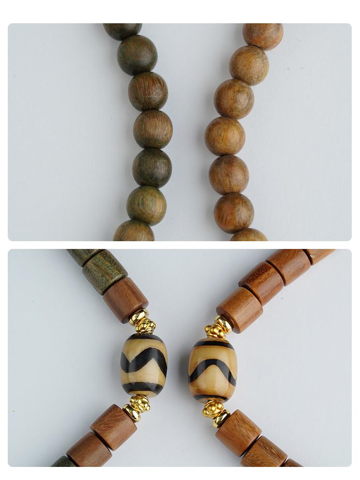 Green sandalwood prayer beads featuring agate tooth beads and copper elements. This Tibetan Buddhist jewelry art creation supports meditation and mindfulness practice.