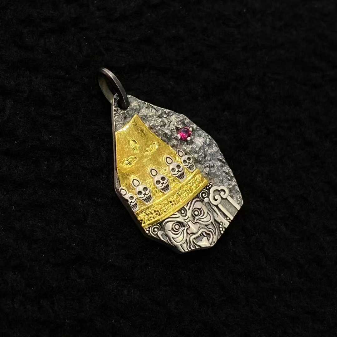 Experience Tibetan Buddhist jewelry culture with this fine-crafted Palden Lhamo protector pendant in gold and silver, symbolizing powerful feminine dharma protection.