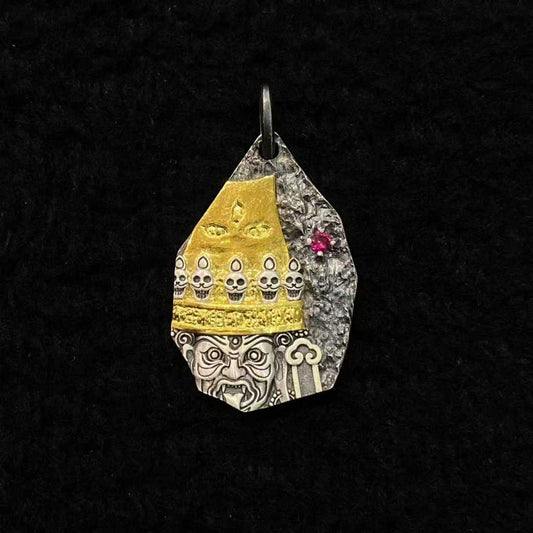  Meticulously inlaid Dharma Protector Shri Devi pendant in gold and silver demonstrates Tibetan Buddhist jewelry art, embodying sacred feminine guardianship through detailed metalwork.