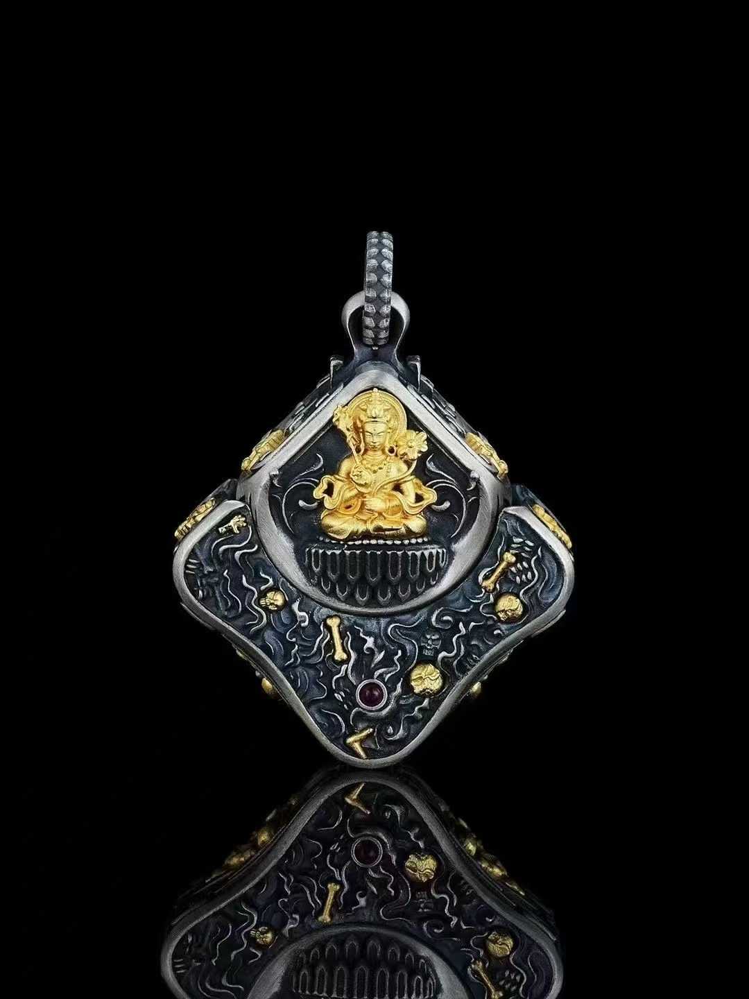 An ornate S925 silver Manjushri Vajrabhairava ritual medallion, demonstrating exquisite Tibetan Buddhist jewelry art and craftsmanship.