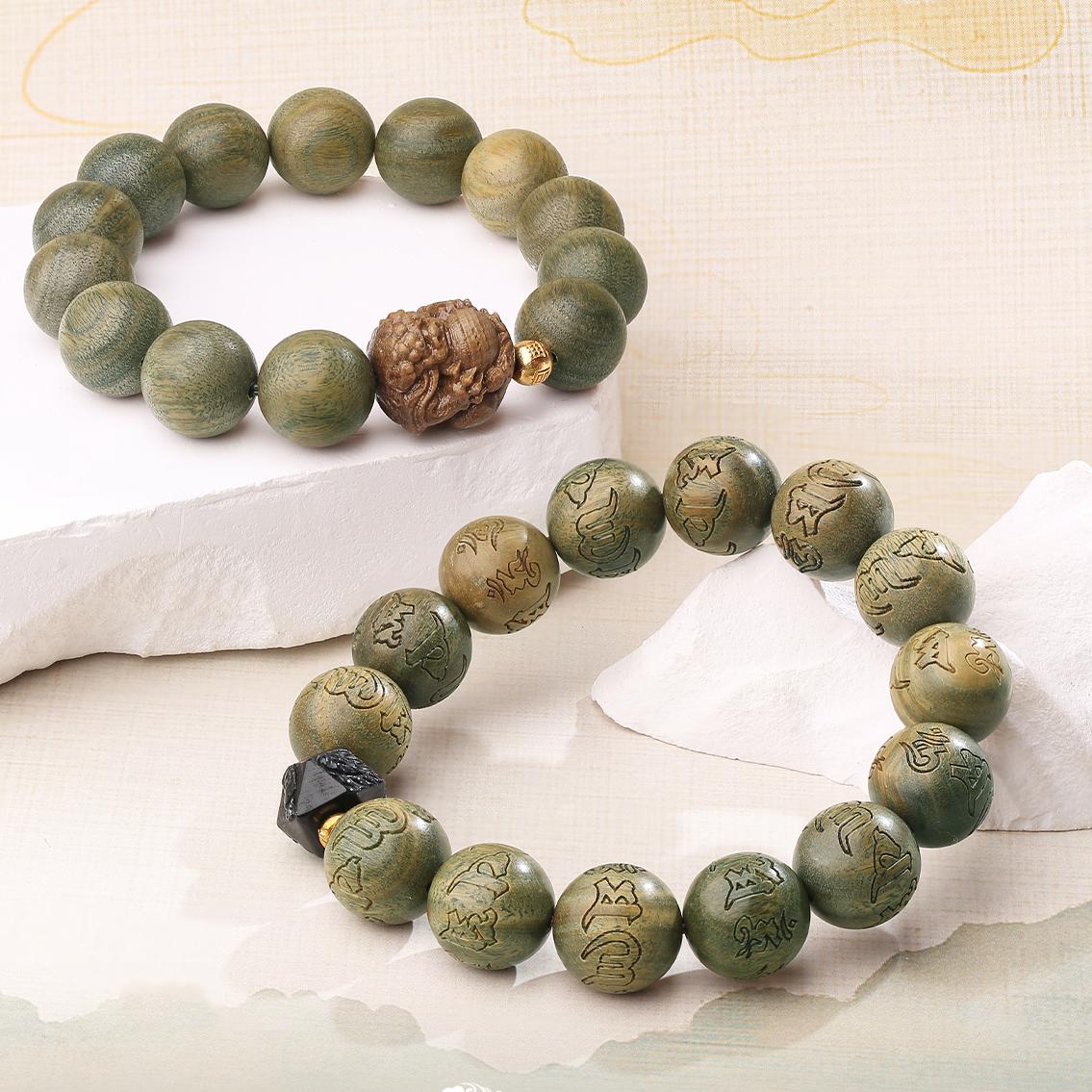 Harmony Sandalwood Prayer Strand combining green sandalwood's serenity with obsidian's grounding properties. This Tibetan Buddhist jewelry culture artwork embodies traditional craftsmanship for daily spiritual practice and energy protection.