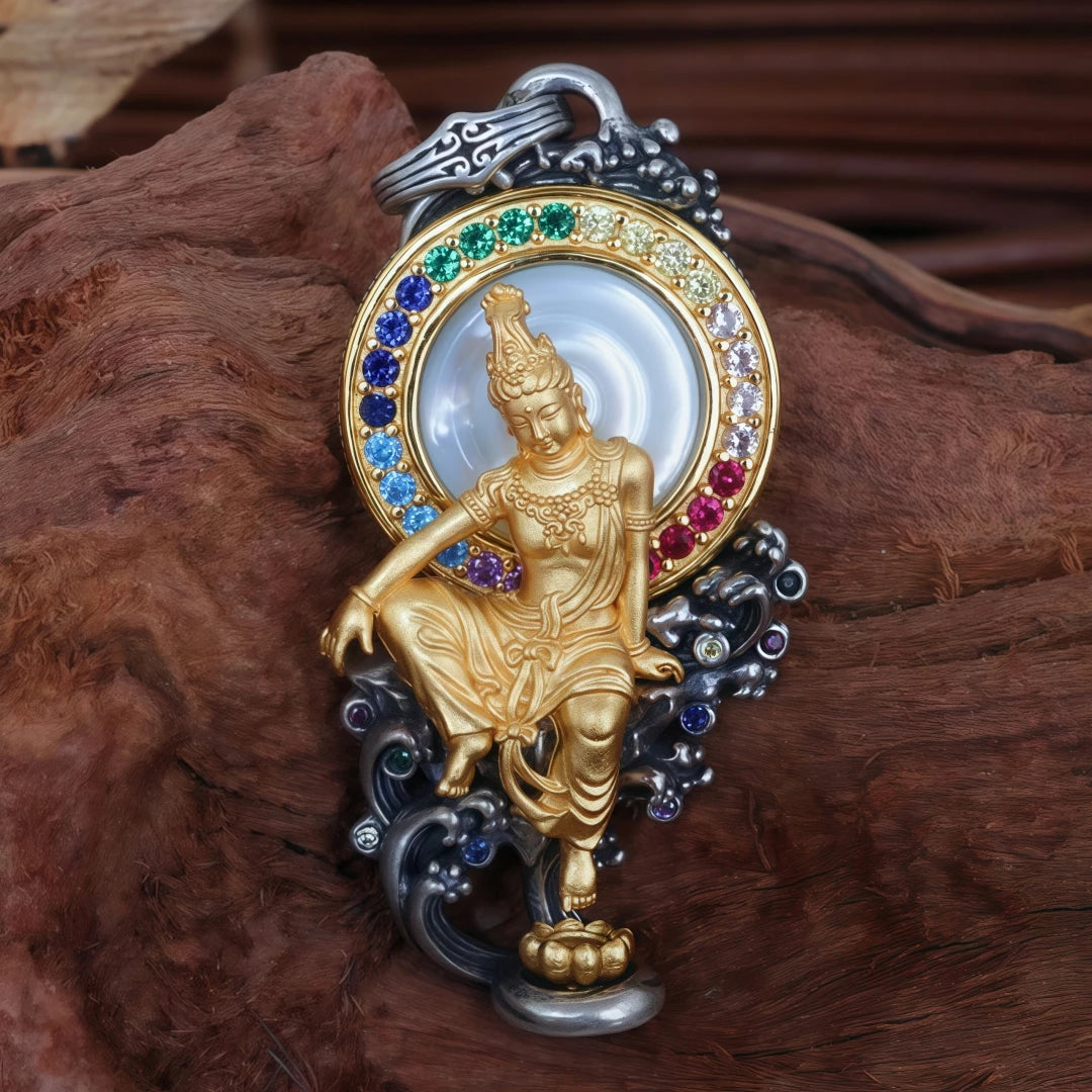 Handmade silver Water Moon Guanyin necklace pendant, refined Tibetan Buddhist jewelry art for daily spiritual wear.