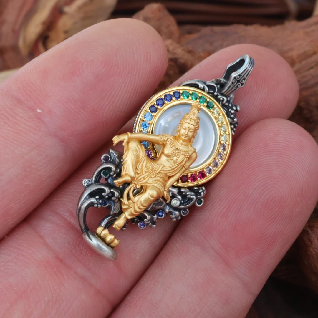 Tibetan-style silver Water Moon Guanyin necklace pendant, meaningful jewelry art symbolizing compassion and harmony.