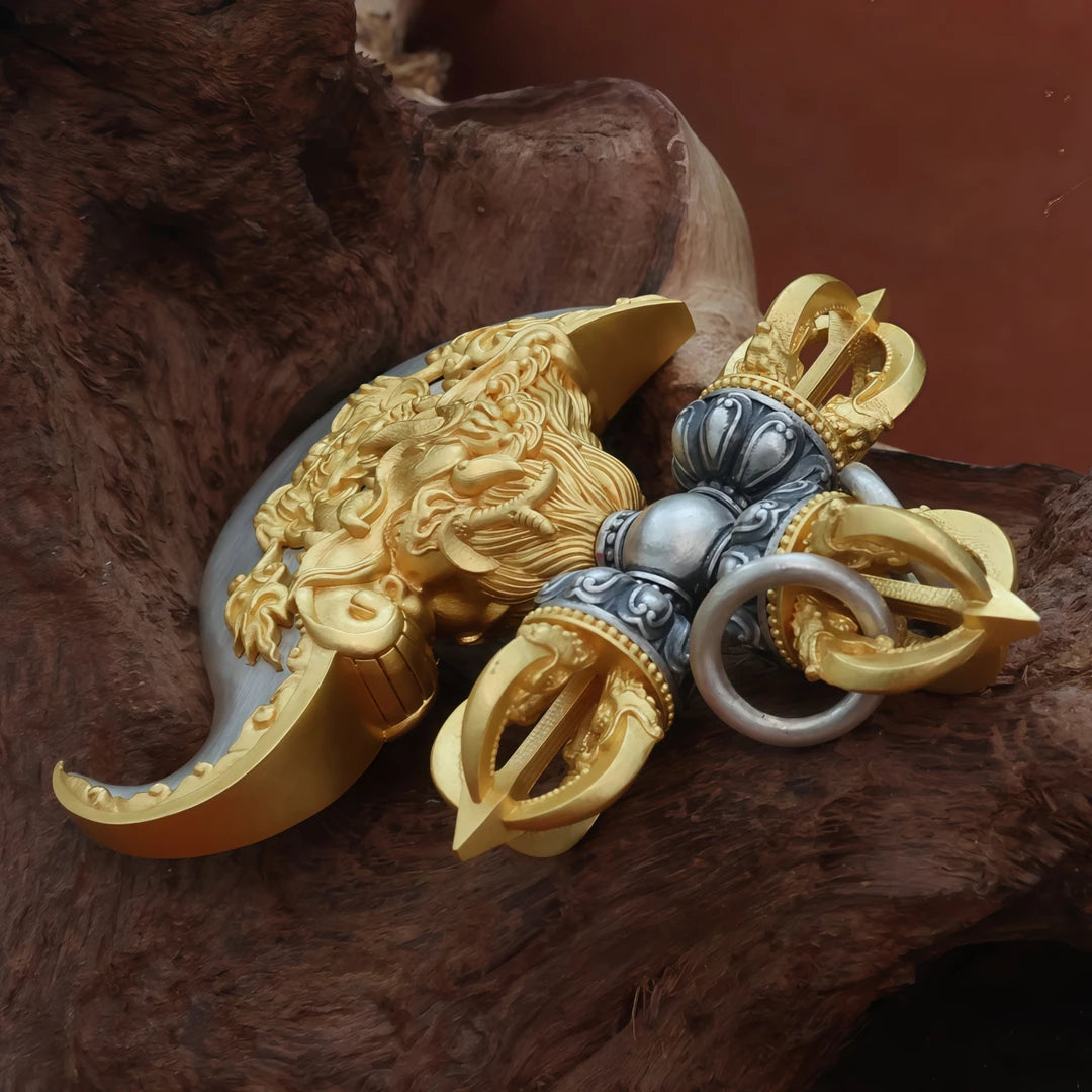 Handcrafted silver cross vajra axe pendant inspired by Tibetan Buddhist jewelry culture, symbolizing protection and wisdom.