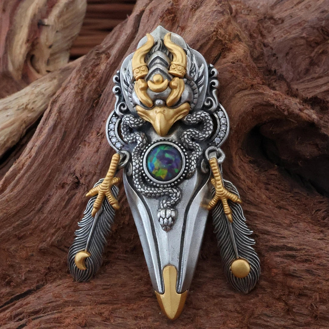 Handcrafted 3D carved Garuda feather spinning pendant necklace inspired by Tibetan Buddhist Jewelry Culture and Jewelry art