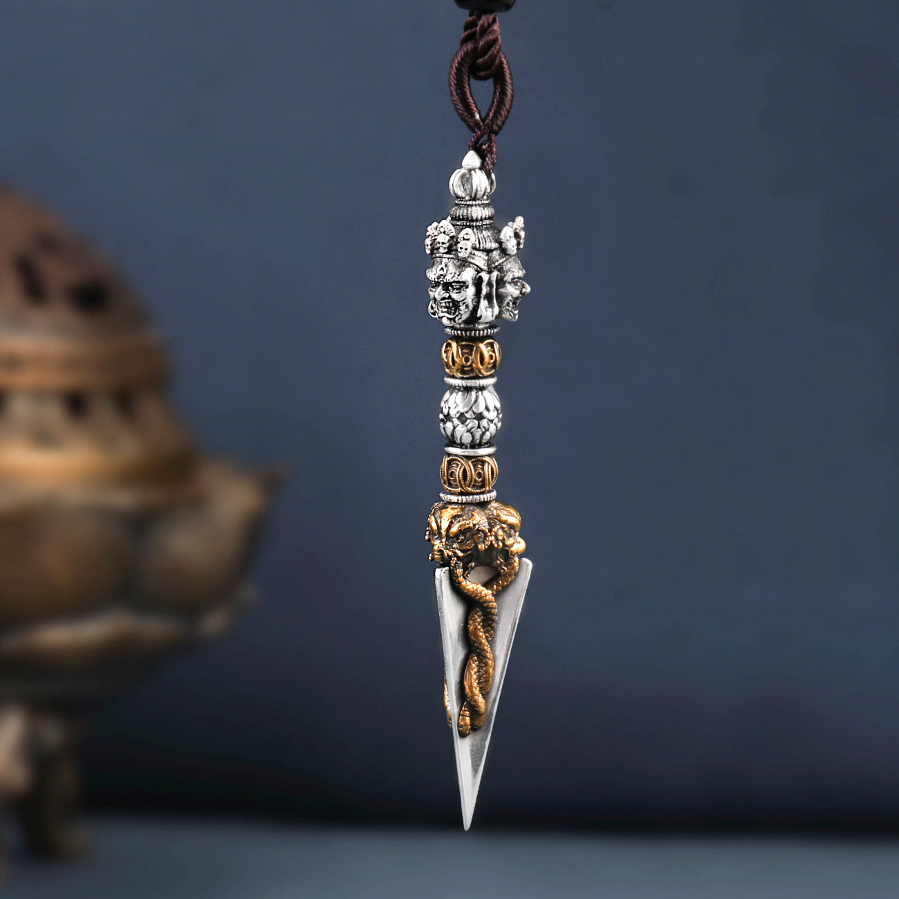 Hand-painted Tibetan Buddhist 6.7cm Púbā Vajra pendant crafted from brass and white copper, featuring exquisite craftsmanship and spiritual meaning