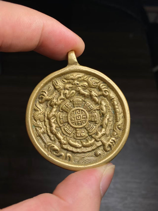 Hand-painted Armored Bear Nine Palace Bagua pendant inspired by Tibetan Buddhist jewelry culture, blue jade spiritual jewelry art for protection.